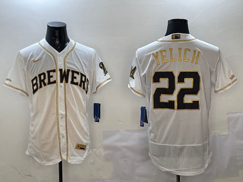 Men Milwaukee Brewers #22 Yelich White Gold Elite 2025 Nike MLB Jersey style 1